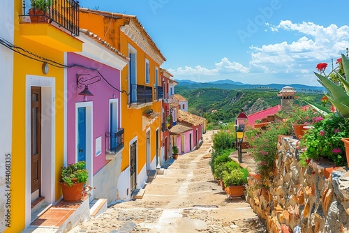 Colorful Houses on a Hillside Street in a Spanish Village