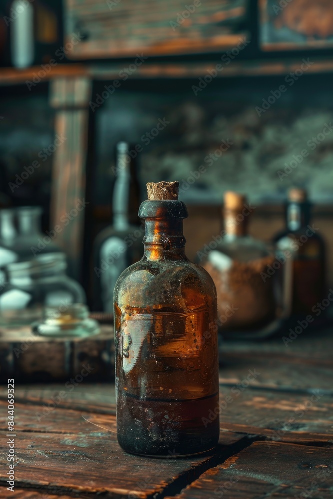 A brown glass bottle sits atop a wooden table A brown glass bottle sits atop a wooden table