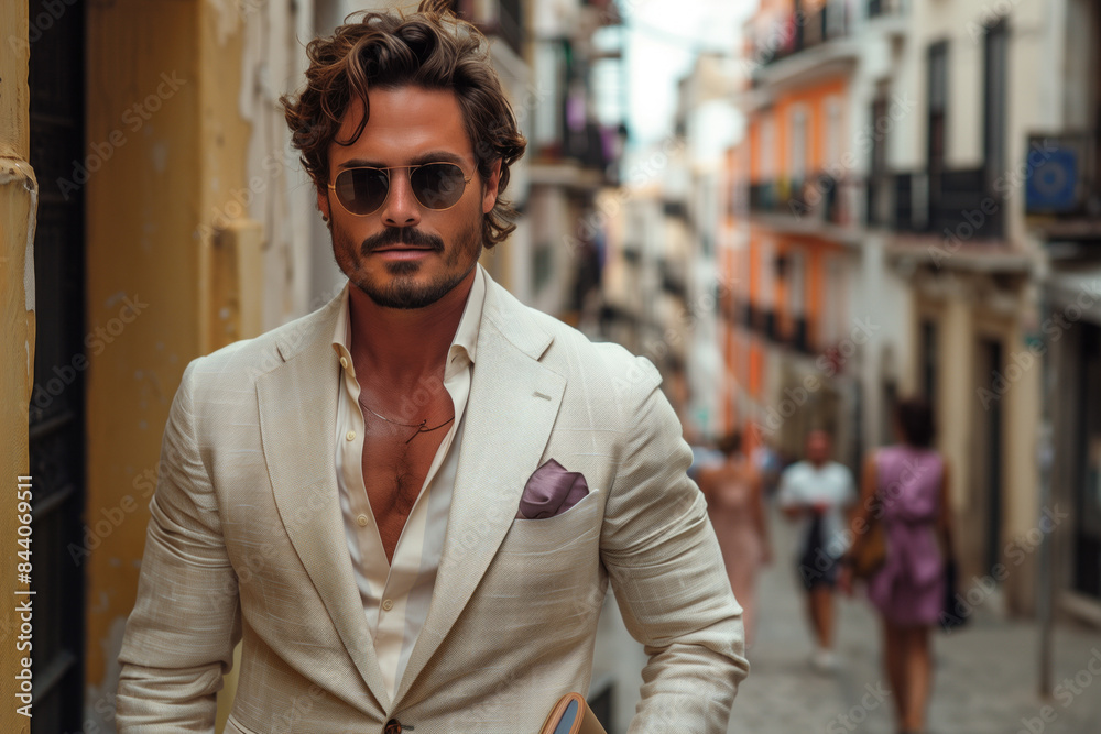 Man in a white suit standing on a city street Man in a white suit standing on a city street