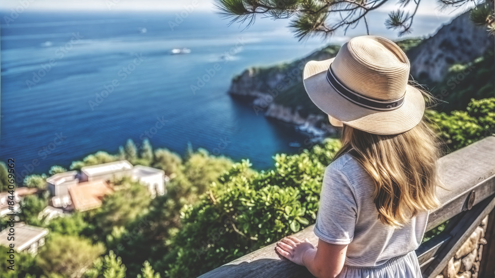 Fototapeta premium A young woman in a hat stands at View Point among the mountains and looks at the seascapes.