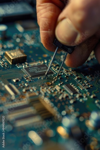 A person works on a circuit board with various components and wires