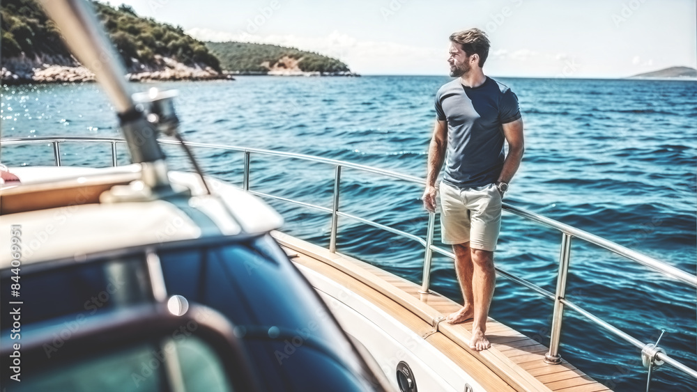 A man stands on the stern of a yacht in the middle of a sea bay and examines the surroundings. A man stands on the stern of a yacht in the middle of a sea bay and examines the surroundings.