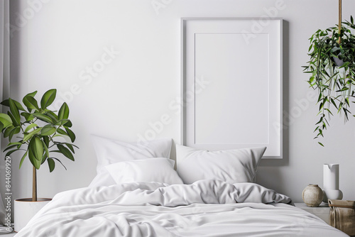 Minimalist bedroom with blank picture frame mockup