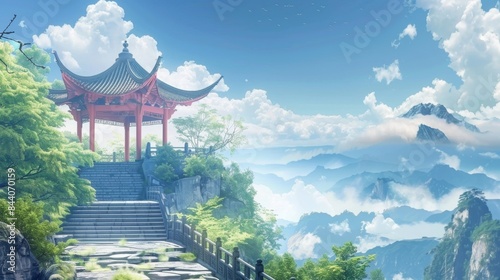 Beautiful scenic view of temple in japan during sunrise in landscape comic style