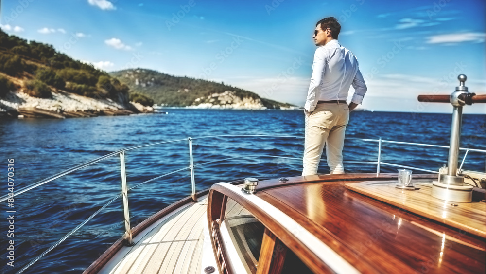 A man stands on the stern of a yacht in the middle of a sea bay and examines the surroundings. A man stands on the stern of a yacht in the middle of a sea bay and examines the surroundings.
