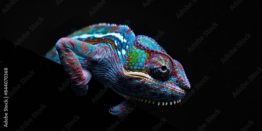 A colorful chameleon sitting on a black surface, great for use as a symbol or illustration A colorful chameleon sitting on a black surface, great for use as a symbol or illustration