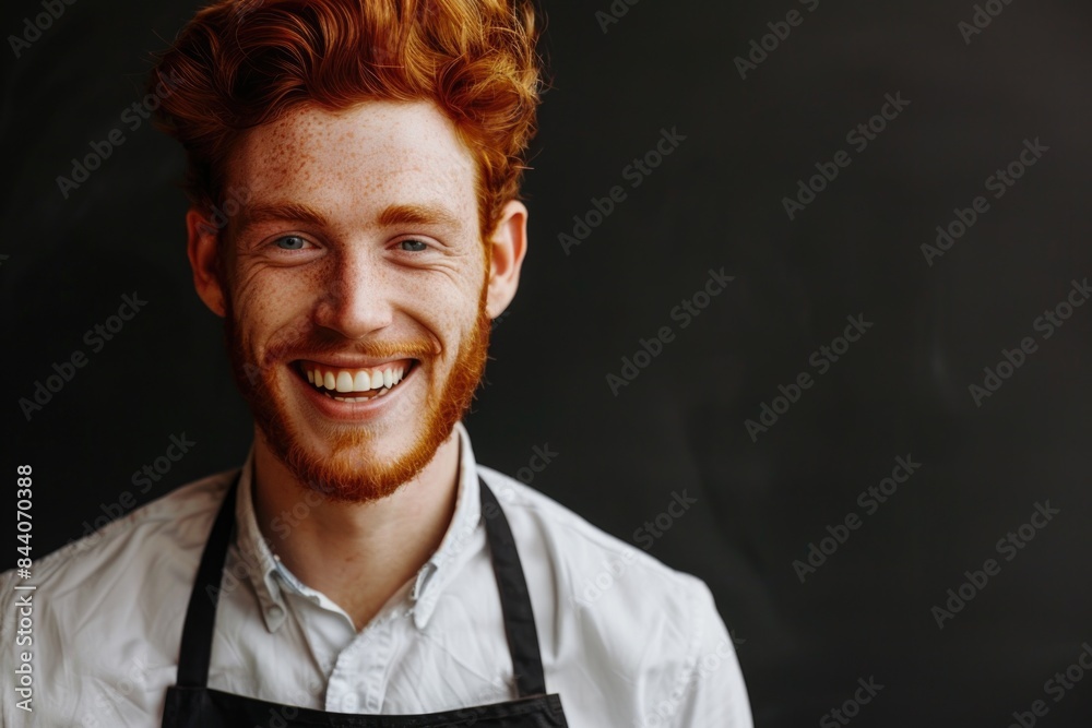 Fototapeta premium A man is shown wearing an apron and having a beard, this picture can be used for cooking or DIY related content