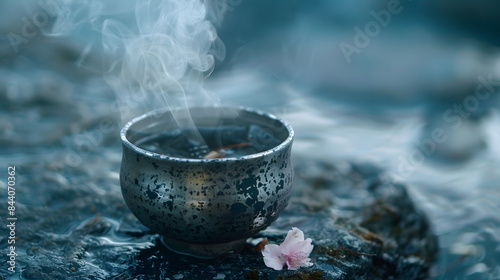 A silver sake with a puff of steam and a petal of sakura. Nestled in a delicate cup on the cusp of a basalt edge. Peering at the cobalt stream.  photo