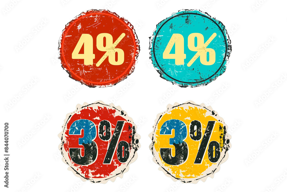 Set of grunge-style discount stickers with 3% and 4% off labels in various colors. Perfect for promotional materials, marketing, and sales campaigns. Set of grunge-style discount stickers with 3% and 4% off labels in various colors. Perfect for promotional materials, marketing, and sales campaigns.