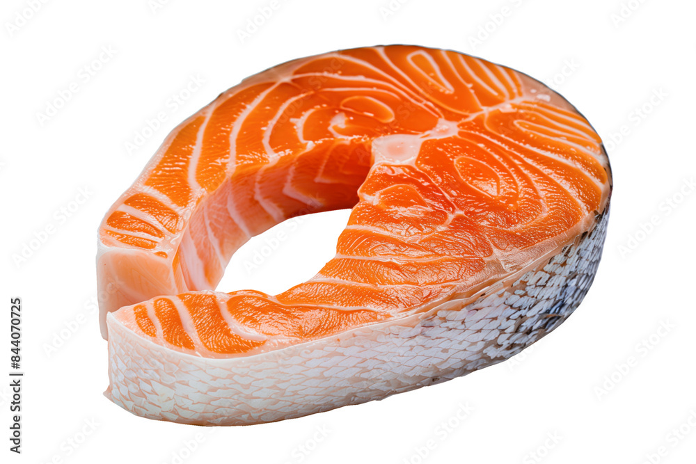 Close-up of a fresh raw salmon steak, showcasing the vibrant color and texture. Ideal for culinary projects, advertisements, and healthy eating promotions. Close-up of a fresh raw salmon steak, showcasing the vibrant color and texture. Ideal for culinary projects, advertisements, and healthy eating promotions.