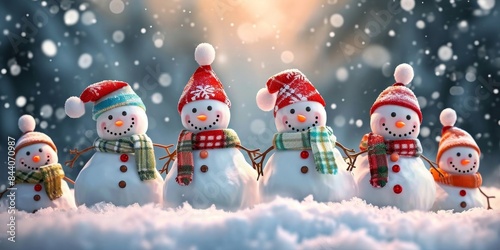 Winter holiday christmas background banner - Group of cute funny laughing snowman with wool hat and scarf, on snowy snow, Generative AI