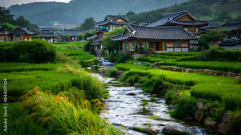 Fototapeta premium A small stream flows through the rice fields. with green grass and traditional Korean houses in view 