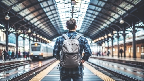 A tourist with a backpack over his shoulders stands on the platform waiting for a train.