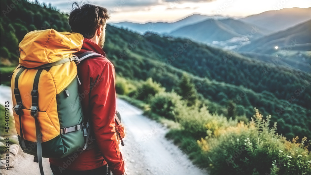 A tourist with a backpack over his shoulders stands on a hiking trail through the hills and looks into the distance. A tourist with a backpack over his shoulders stands on a hiking trail through the hills and looks into the distance.