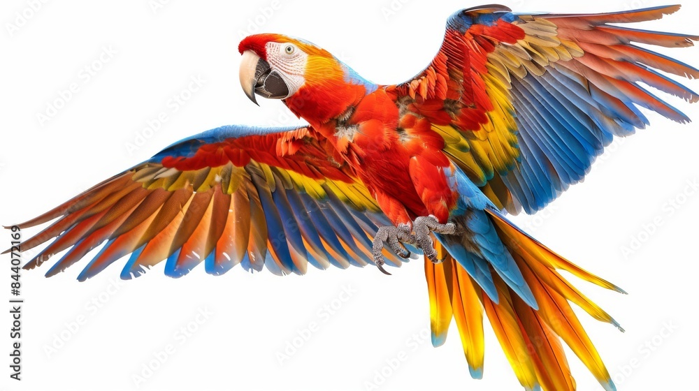 Obraz premium Vibrant macaw perched on branch in rainforest generated by AI