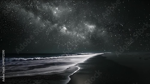 At the edge of the starlit beach the sand fades into the darkness creating an ethereal yet serene atmosphere under the starspangled sky. photo