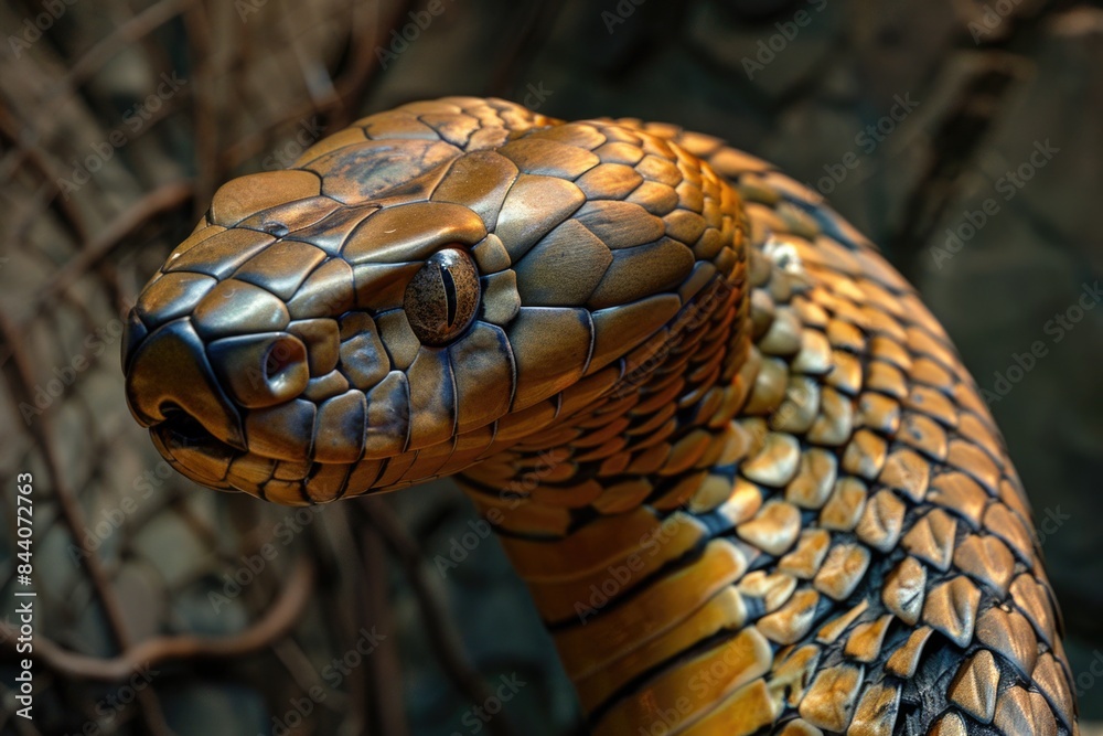 Close-up shot of a snake's head with a tree in the background Close-up shot of a snake's head with a tree in the background