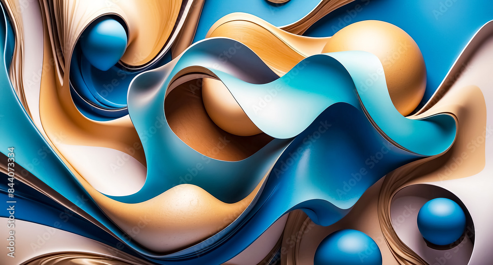 Abstract 3D Render of Curved Shapes in Blue, Yellow, and White Abstract 3D Render of Curved Shapes in Blue, Yellow, and White