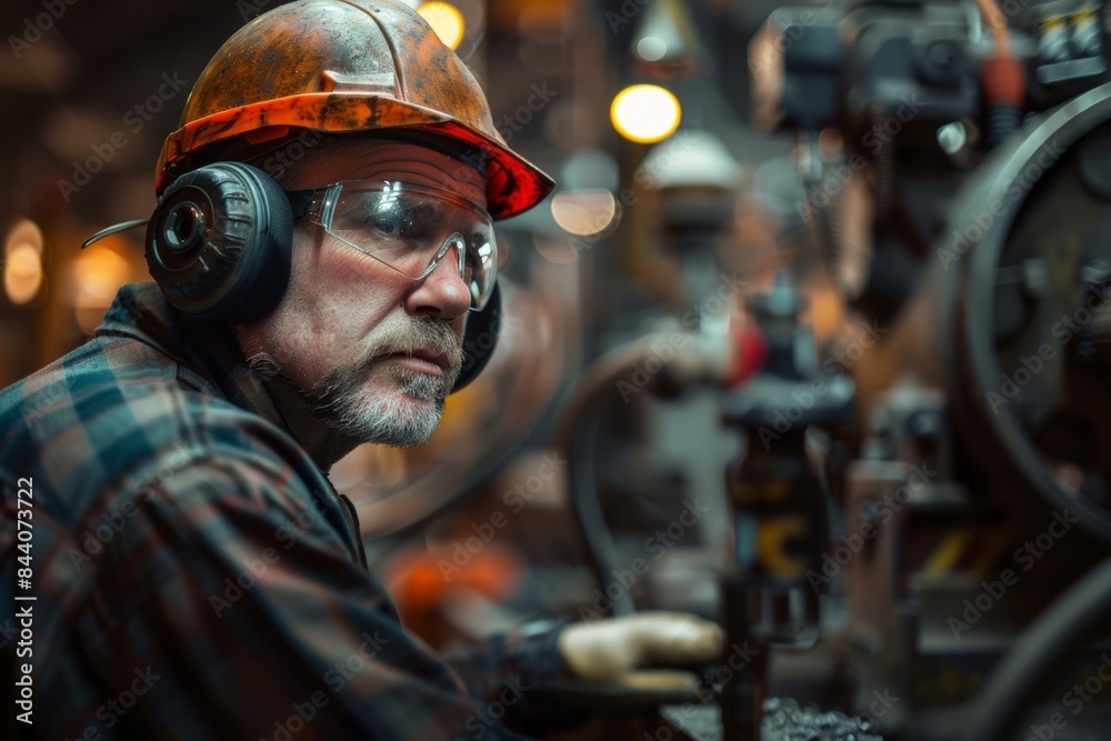 Industrial Worker Wearing Ear Protection Industrial Worker Wearing Ear Protection