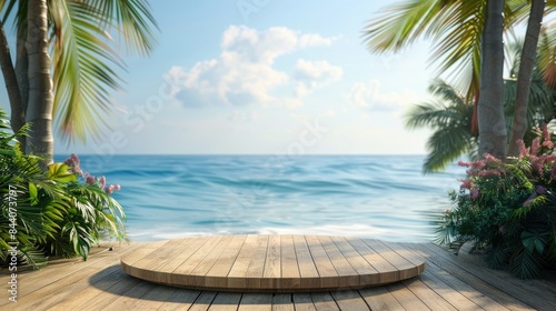 Summer product display on wooden podium at sea tropical beach © Mujahid