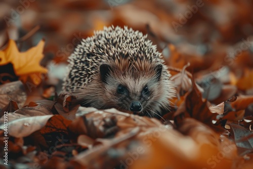 A hedgehog sits amidst a pile of dry leaves, a common autumnal scene