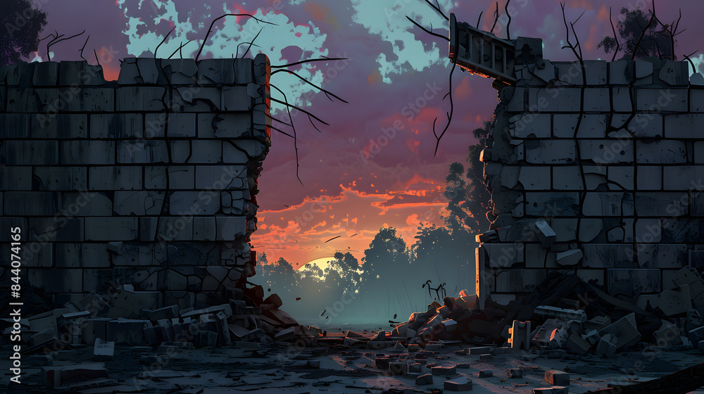 Fototapeta premium A torn down wall of cinder blocks with a wide chasm in the center. The background is twilight and mysterious. 