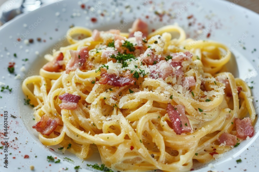 A dish of cooked pasta served with crispy bacon and melted parmesan cheese A dish of cooked pasta served with crispy bacon and melted parmesan cheese