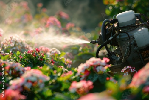 A garden sprayer watering flowers in a garden or park setting, suitable for use as a background or illustration photo