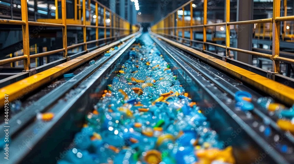 A vibrant image of a recycling plant’s conveyor belt filled with mixed plastic materials, showcasing the recycling process
