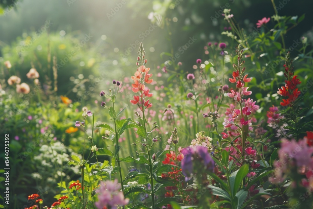 A bright and vibrant field of flowers basking in the warm sunlight, ideal for use in travel, nature, or lifestyle themes A bright and vibrant field of flowers basking in the warm sunlight, ideal for use in travel, nature, or lifestyle themes