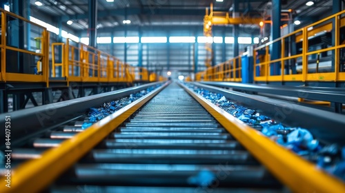 The perspective view of a conveyor belt in a modern manufacturing or distribution center with vibrant blue and yellow colors