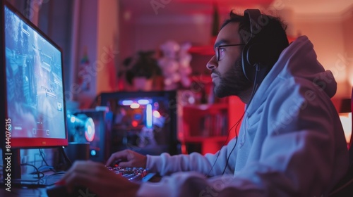 Gamer in a Christmas-themed room playing a video game on a computer