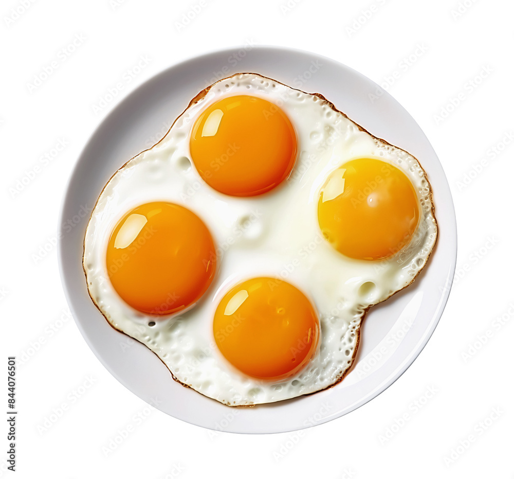 Four fried eggs, sunny side up, with golden yolks and slightly crispy edges, rest on a white plate. Four fried eggs, sunny side up, with golden yolks and slightly crispy edges, rest on a white plate.
