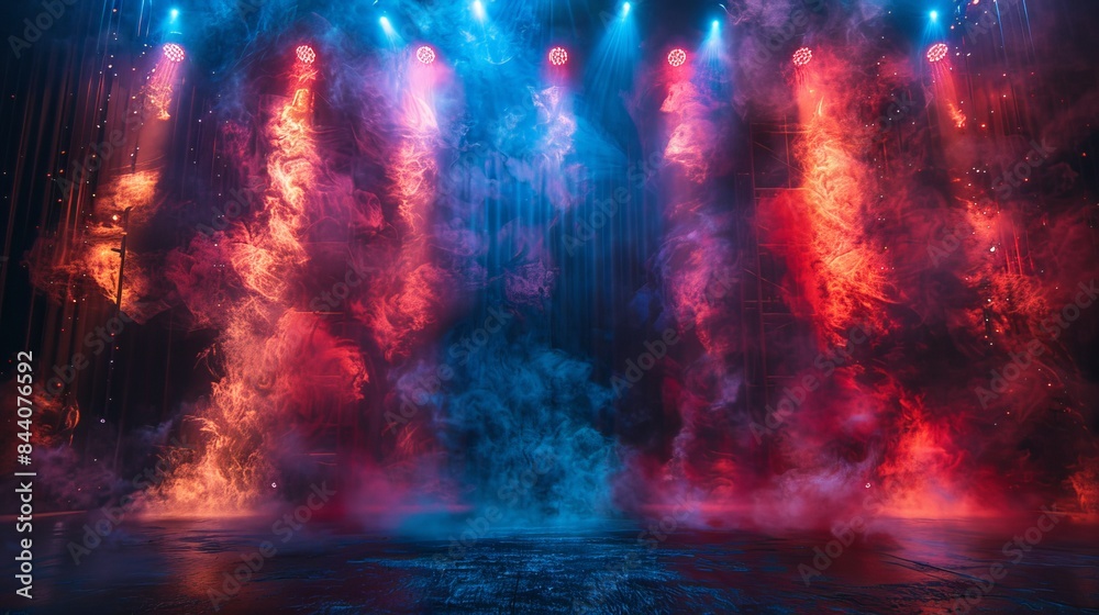 Smoke fills the stage with colorful lights creating an enveloping atmosphere in a low-light setting