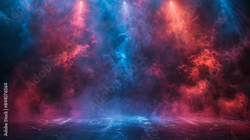 Dynamic image showing intense swirls of red and blue smoke under stage lights against a dark environment