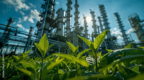 Fresh green leaves in sharp focus with industrial plant silhouettes and blue sky in the background photo