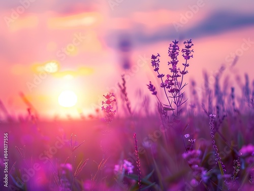 A field of purple flowers with a pink sun in the background