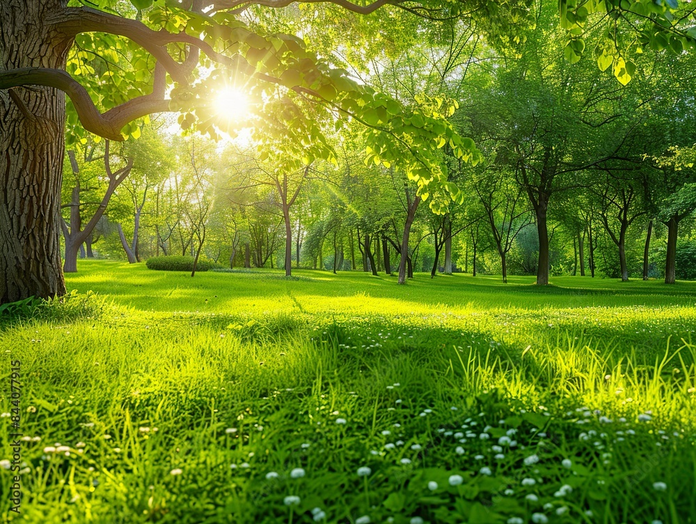 A large tree with a lot of leaves and a bright sun shining on it A large tree with a lot of leaves and a bright sun shining on it