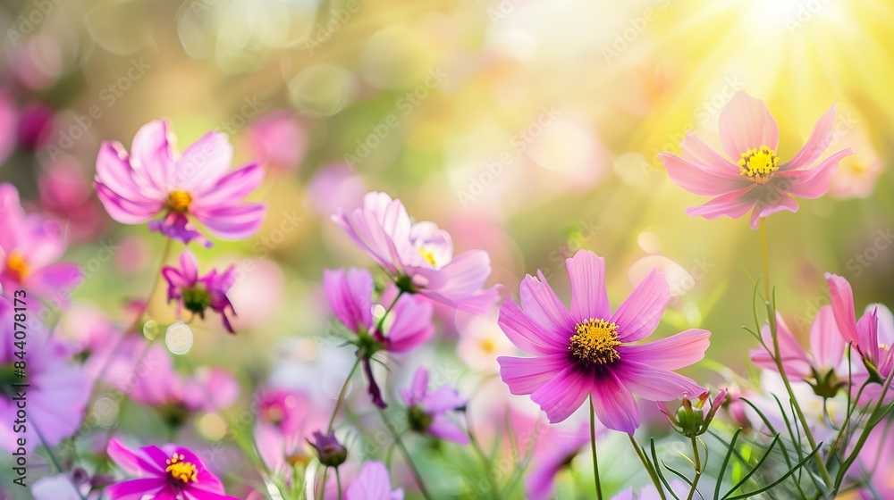 A field of pink flowers with the sun shining on them A field of pink flowers with the sun shining on them