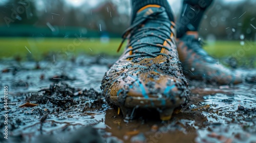 Soccer cleats covered in mud represent the gritty nature of outdoor sports like soccer or rugby