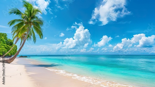 A beautiful beach with a palm tree and a clear blue ocean