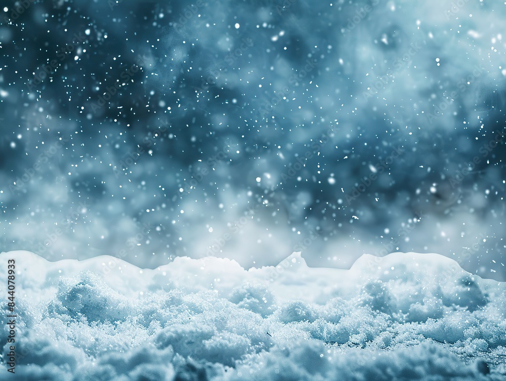 Obraz premium A snowy landscape with a blue sky and snowflakes falling