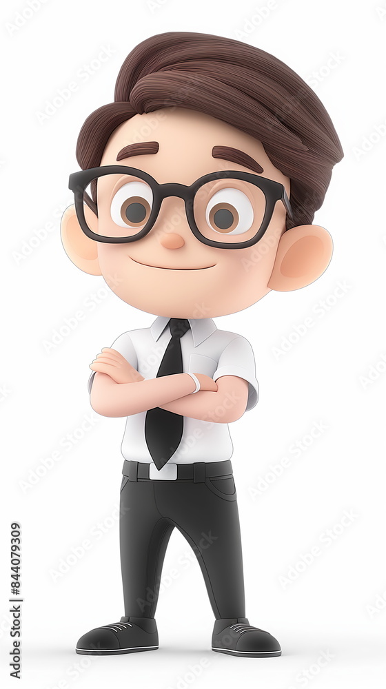 A smiling, bespectacled cartoon character dressed in a business suit poses assertively with arms folded - Generative AI A smiling, bespectacled cartoon character dressed in a business suit poses assertively with arms folded - Generative AI
