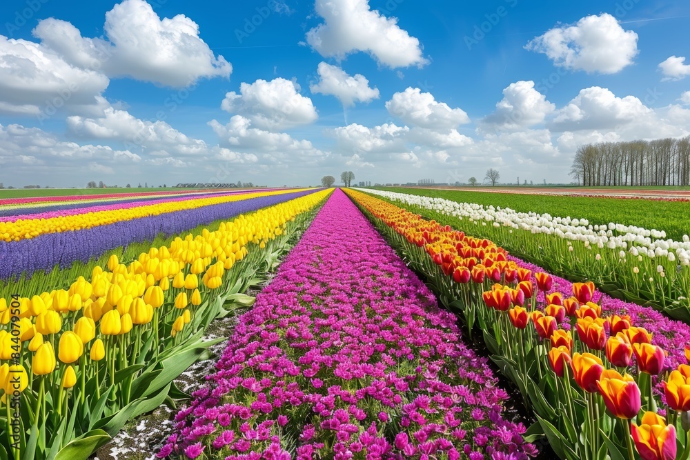 Colorful Tulip Fields in the Netherlands on a Sunny Day Colorful Tulip Fields in the Netherlands on a Sunny Day