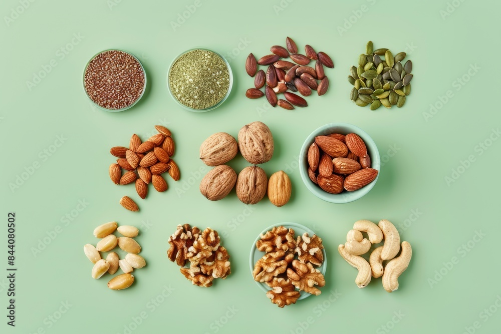Variety of Nuts and Seeds on Green Background Variety of Nuts and Seeds on Green Background