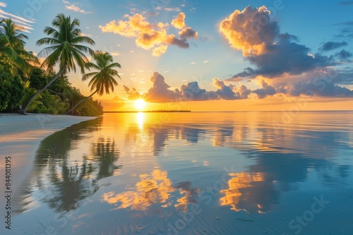 Sunset over a tropical beach with palm trees: Stunning orange sunset reflecting on the calm waters of a tropical beach, surrounded by lush palm trees, blue sky © Ace64 Studio