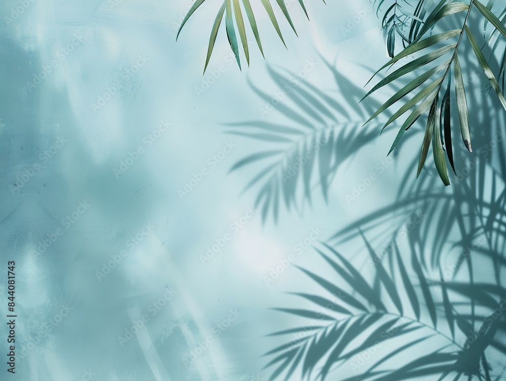 A blue background with a leafy green palm tree and its shadow A blue background with a leafy green palm tree and its shadow