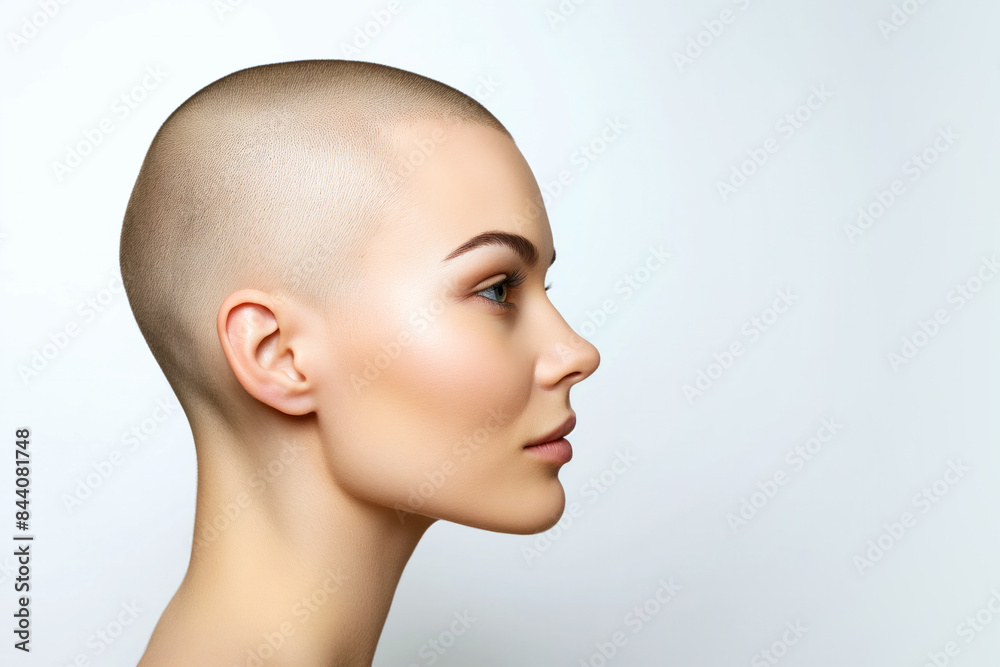 Portrait of a young beautiful woman with a bald head on a light background. Profile. Copy space. Close up. Generative AI Portrait of a young beautiful woman with a bald head on a light background. Profile. Copy space. Close up. Generative AI