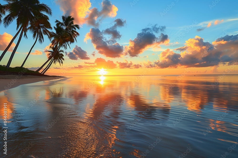 Sunset over a tropical beach with palm trees: Stunning orange sunset reflecting on the calm waters of a tropical beach, surrounded by lush palm trees, blue sky Sunset over a tropical beach with palm trees: Stunning orange sunset reflecting on the calm waters of a tropical beach, surrounded by lush palm trees, blue sky