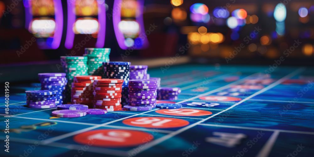 Stacks of poker chips on roulette table in casino
